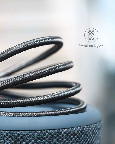 Braided USB-A to USB-C charging cable, black nylon exterior, close-up view