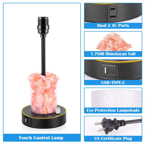 Table Lamp With Himalayan Salt Lamp 2 In 1 Farmhouse Style Nightstand Light With USB C And USB A Ports, 3 Way Dimmable Salt Rock Lamp With AC Outlet, Touch Control Bedside Lamp For Bedroom And Living Room