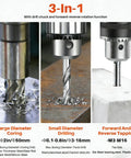1400W Magnetic Drill Press With Six Coring Bits, 2 Inch Boring Diameter showing large diameter coring, small diameter drilling and tapping features.