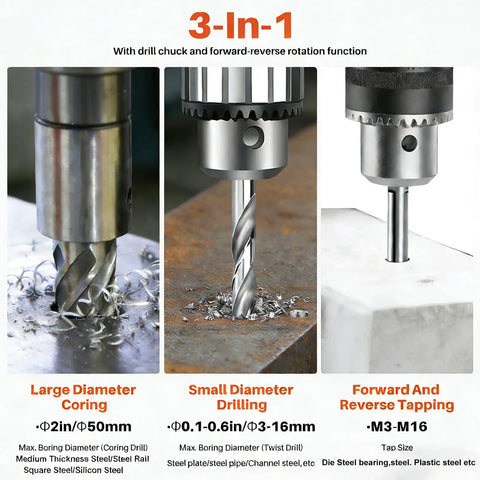 1400W Magnetic Drill Press With Six Coring Bits, 2 Inch Boring Diameter showing large diameter coring, small diameter drilling and tapping features.