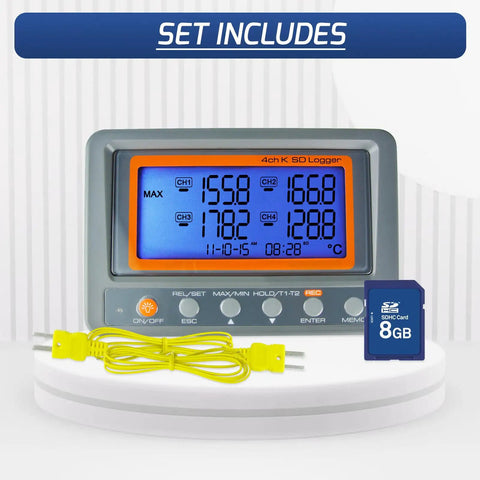 4 Channel Thermocouple Thermometer And Temperature Data Logger With K Type Probes, Digital Reader, 8GB SD Card, Bead Probes Included