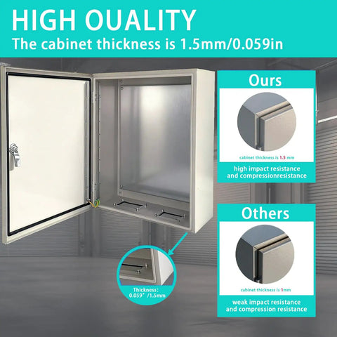 Heavy Duty Carbon Steel Electrical Enclosure 10x8x6 Inch IP66 Waterproof Metal Junction Box interior view with lock and thickness details