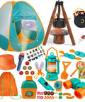Kids Camping Set 50 Piece With Tent Space Projector Flashlight Toy Gear For Outdoor Fun Pretend Campout Kit displayed