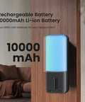 Rechargeable 10000mAh Li-ion battery unit displayed against a wooden wall, highlighting its large capacity and easy replacement.