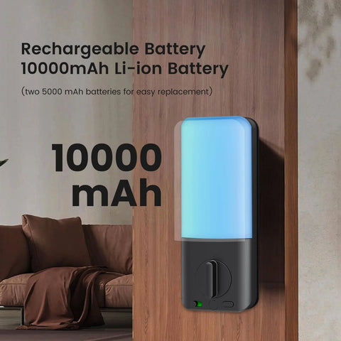 Rechargeable 10000mAh Li-ion battery unit displayed against a wooden wall, highlighting its large capacity and easy replacement.