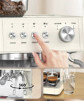Top Shelf Espresso Machine With Built In Burr Grinder And 20 Bar Pump showing controls for single and double shots.