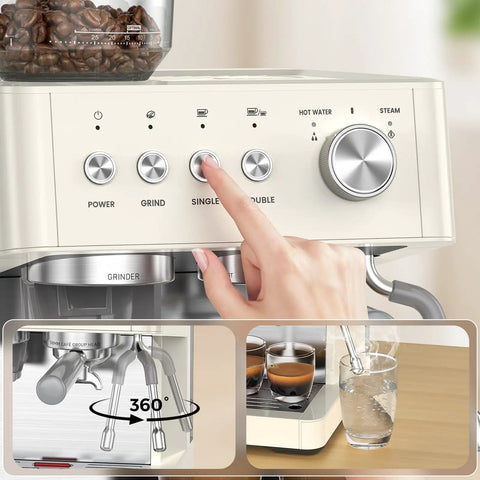 Top Shelf Espresso Machine With Built In Burr Grinder And 20 Bar Pump showing controls for single and double shots.