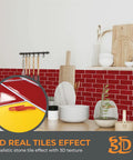 Peel And Stick Kitchen Backsplash Tiles Self Adhesive Subway Tile 11.8 By 11.8 Inches Red Glossy Water And Heat Resistant 3D Wall Tiles No Mess Easy Install For Bathroom Splashback Eco Friendly, showcasing realistic stone tile effect in kitchen setting.