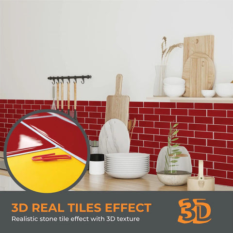 Peel And Stick Kitchen Backsplash Tiles Self Adhesive Subway Tile 11.8 By 11.8 Inches Red Glossy Water And Heat Resistant 3D Wall Tiles No Mess Easy Install For Bathroom Splashback Eco Friendly, showcasing realistic stone tile effect in kitchen setting.