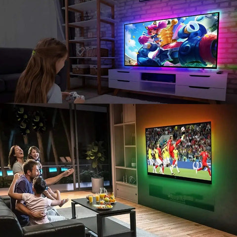 LED TV Backlight Strip 32.8Ft USB Powered With Remote for 40 To 75 Inch TVs creating colorful ambient light in living room setup.