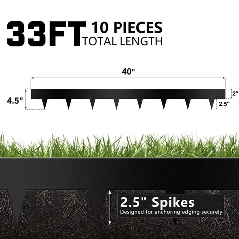 Diagram of 10 Pack Galvanized Steel Landscape Edging 4.5 Inch High Black Powder Coated with 2.5 inch spikes and 33 feet total length.