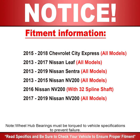 Fitment information for Heavy Duty Front Wheel Hub And Bearing Assembly for Chevrolet City Express, Nissan Leaf, Sentra, NV200.