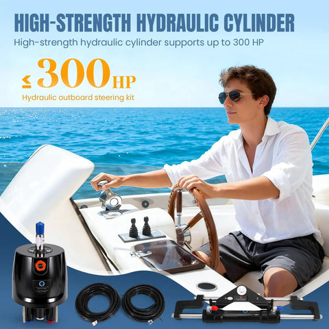 Man steering boat with 300HP Outboard Hydraulic Steering Kit With Pump Cylinder Two 26 Foot Nylon Hoses And Installation Accessories