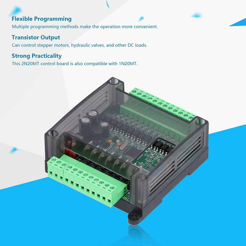 Front view of 12 Inputs 8 Outputs DC12V Programmable Logic Controller Module with 8000 Step Memory, showing connectors and internal components.