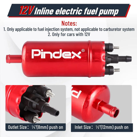 Universal Inline Fuel Pump 116 PSI High Pressure 12V Electric Pump For Injection Systems, red aluminum body, inlet and outlet view