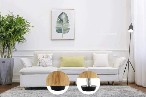 Top Shelf Adjustable Leveling Feet For Furniture Glides Featuring M8 Screw Mount Plastic Base, seen under a modern sofa.