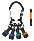 5 Piece Bit Holder Keychain Set For Quarter Inch Hex Bits With Carabiner Clip And Color Coded Bands For Quick Access And Easy Identification On The Job Site.