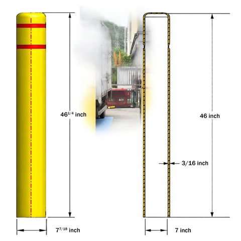 Rock Solid Heavy Duty Yellow Safety Bollard Post Protective Cover With Bright Red Reflective Strips Anti Collision Guard Sleeve For 4 Inch Metal Poles 46 Inch Tall Driveway Shield dimensions showing height and diameter.