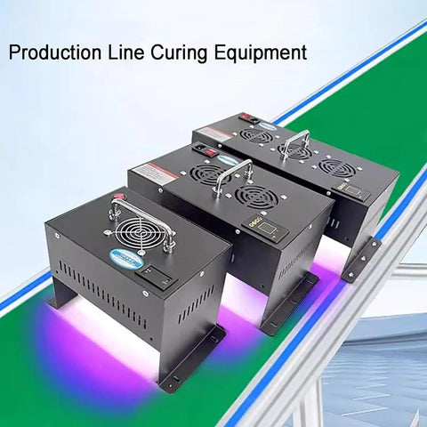 Beast Mode Led Uv Curing Lamp With A Bold Digital Screen For Crushing Cure Times On 3D Printer Resin and Shadowless Glue Across Wide Conveyor Lines Up To 600 Mm At 365 Nm on a green conveyor.