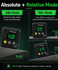 Straight Up Digital Angle Finder Protractor With Hella Strong Magnetic Base And Dead On 4X90 Degree Readings Featuring A Badass LED Screen showing ABS and REL modes for angle measurements.