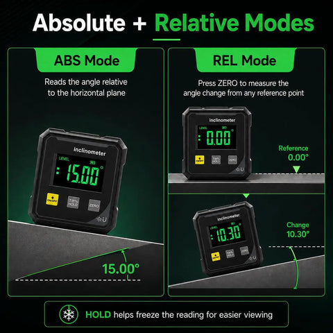 Straight Up Digital Angle Finder Protractor With Hella Strong Magnetic Base And Dead On 4X90 Degree Readings Featuring A Badass LED Screen showing ABS and REL modes for angle measurements.