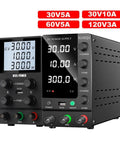 Front and side view of 30V 5A 10A DC Variable Lab Power Supply For Electronics DIY Pro Grade Bench Top Regulated PSU With Low Ripple