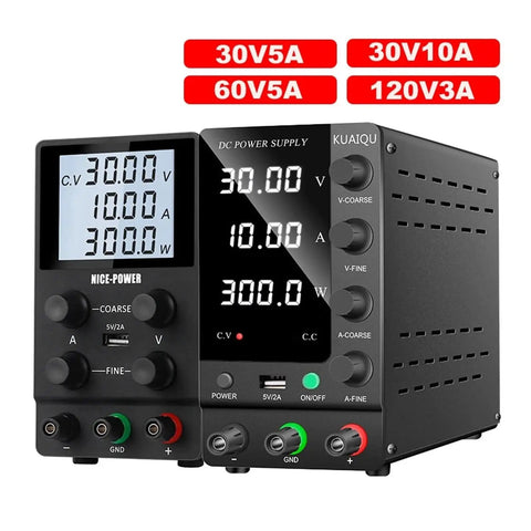 Front and side view of 30V 5A 10A DC Variable Lab Power Supply For Electronics DIY Pro Grade Bench Top Regulated PSU With Low Ripple