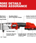 Compact 20V Brushless Right Angle Impact Wrench With Half Inch Square Drive Produces 207 Foot Pounds Max Torque showing brushless motor and rubber grip.