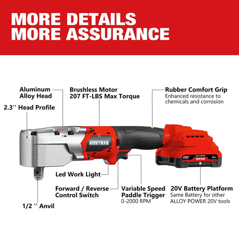 Compact 20V Brushless Right Angle Impact Wrench With Half Inch Square Drive Produces 207 Foot Pounds Max Torque showing brushless motor and rubber grip.