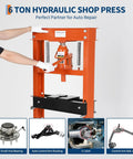 Person operating 6-ton hydraulic shop press with red H-frame for auto repair, shown with control arm, U-joint, and hub bearing parts.