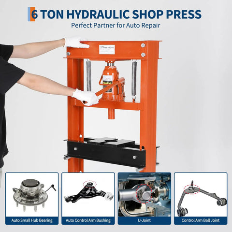 Person operating 6-ton hydraulic shop press with red H-frame for auto repair, shown with control arm, U-joint, and hub bearing parts.