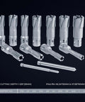 Front view of a 13-piece carbide-tipped annular cutter set with 1-3/8 in depth, includes pilot pins and Weldon shanks