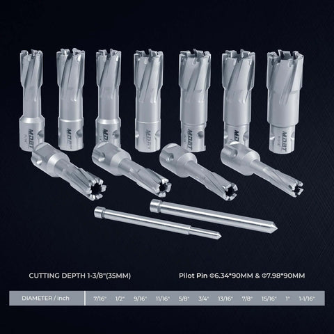 Front view of a 13-piece carbide-tipped annular cutter set with 1-3/8 in depth, includes pilot pins and Weldon shanks