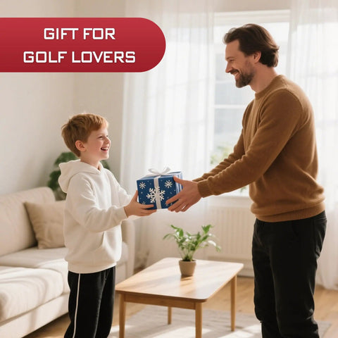 Man giving boy a wrapped gift in a living room, labeled 'Gift for Golf Lovers'