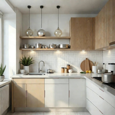 Modern kitchen with light wood cabinets featuring 8 Pack Concealed Drawer Pulls With Curved Aluminum Alloy Edge Design