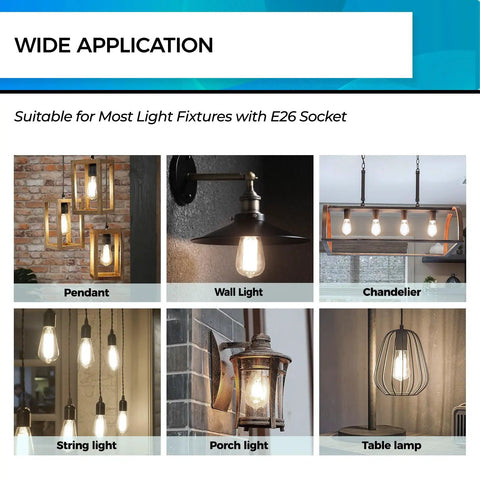 Dimmable Vintage Edison LED Bulbs For E26 Base No Flicker 60W Equivalent 4000K Cool White used in different light fixtures