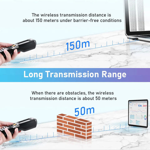 All In One Wireless Barcode Scanner And Inventory Collector With USB Connection demonstrating long transmission range.