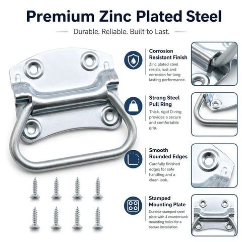 3-1/2 Inch Chest Handles, Two Pack, Steel Surface Mount Pull Ring Handles, Zinc Plated, with screws and product features