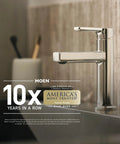 Modern chrome faucet in a bathroom setting, labeled as America's Most Trusted Faucet Brand, Moen, recognized 10 years straight.