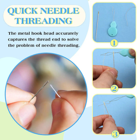 Gourd Shaped Needle Threaders Set With Clear Storage Box, 30 Pcs for needle threading process close-up in steps
