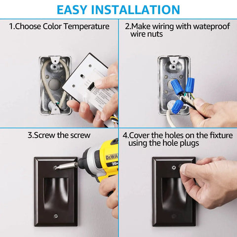 Easy installation steps for 3CCT LED Step Lights For Indoor Outdoor Use 120V 277V Dimmable Vertical Stair Lights 150LM 2.5W Zinc Alloy White IP65