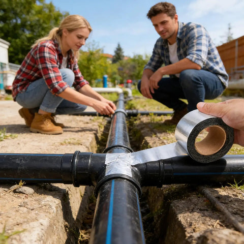 Two people applying Heavy Duty Asphalt Sealer Self Adhesive Repair Tape Waterproof Crack Filler to a pipe for a DIY fix.