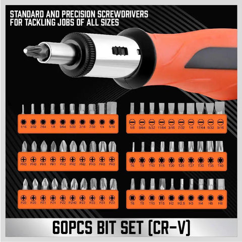 Close-up of 60-piece bit set from All In One 124-Piece Magnetic Screwdriver Set With Plastic Racking, Precision Drivers.
