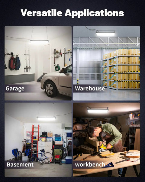 Versatile applications of Two Pack Linkable LED Shop Lights 100W 15000LM 6000K Daylight Brightness in garage, warehouse, basement, and workbench setups.