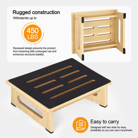 Sturdy Wooden Step Stool For Adults And Seniors With Non Slip Rubber Tread, 5.5 Inch Rise, 450 Lbs Capacity, easy to carry design