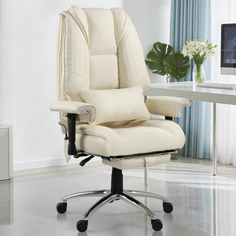 All Day Comfort Massage And Heated Office Chair With Foot Rest, Ergonomic High Back Leather Desk Chair, Beige