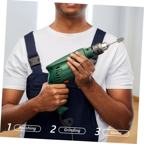 Person holding rotary tool with Pro Grade Polishing Buffing Wheel Bits Kit for precision grinding and fine buffing tasks.