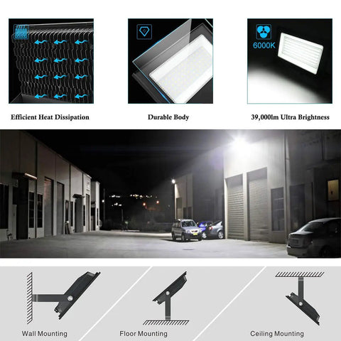 Two Pack 300W LED Flood Lights 39,000 Lumens Ultra Bright 6000K Daylight Outdoor Garage Garden Epistar Chips 450pcs in use