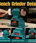 Hella Solid Mini Bench Grinder Featuring Dual Grind Wheels And A Heavy Duty Pure Copper Motor Spinning At 6000 Rpm For Garage Metal Polishing And Rust Removal Jobs with protective cover and base detail.
