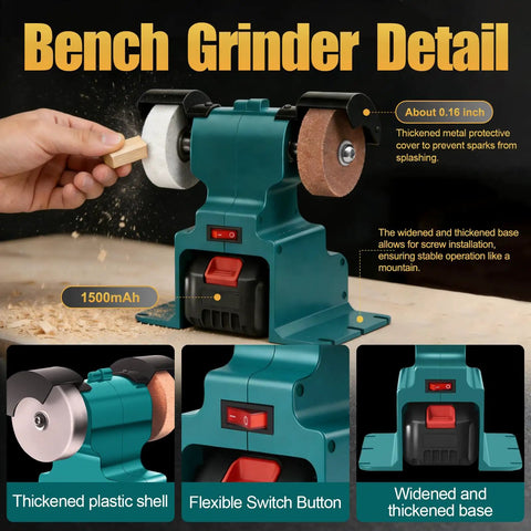 Hella Solid Mini Bench Grinder Featuring Dual Grind Wheels And A Heavy Duty Pure Copper Motor Spinning At 6000 Rpm For Garage Metal Polishing And Rust Removal Jobs with protective cover and base detail.